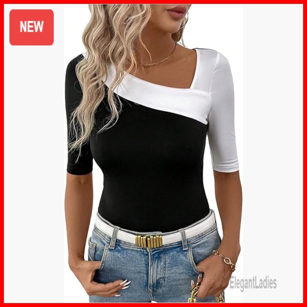 Y2K Asymmetrical Ribbed Knit Slim Fit Short Sleeve Top